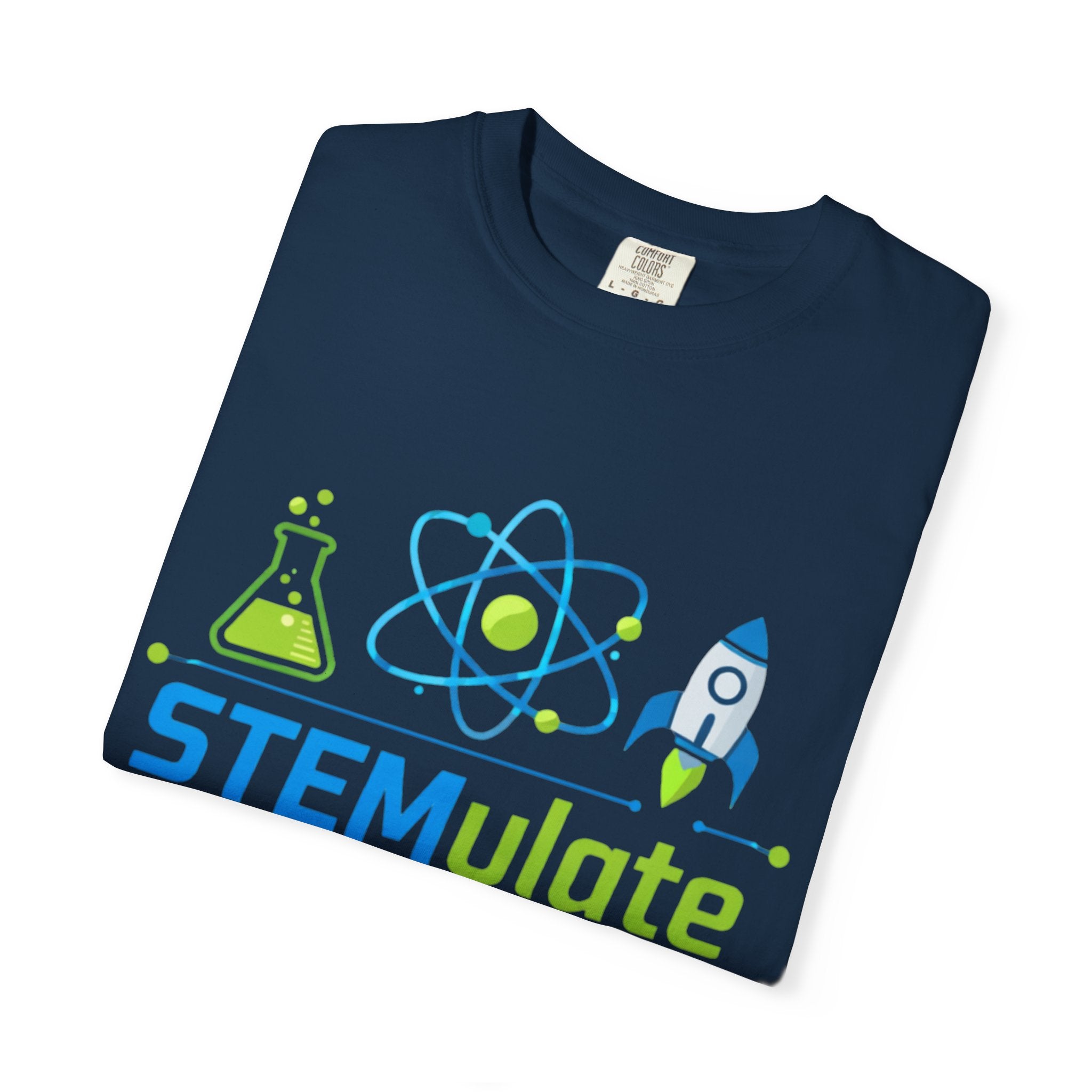 STEMulate Your Mind T-shirt | Science Rocket Atom Chemistry Design