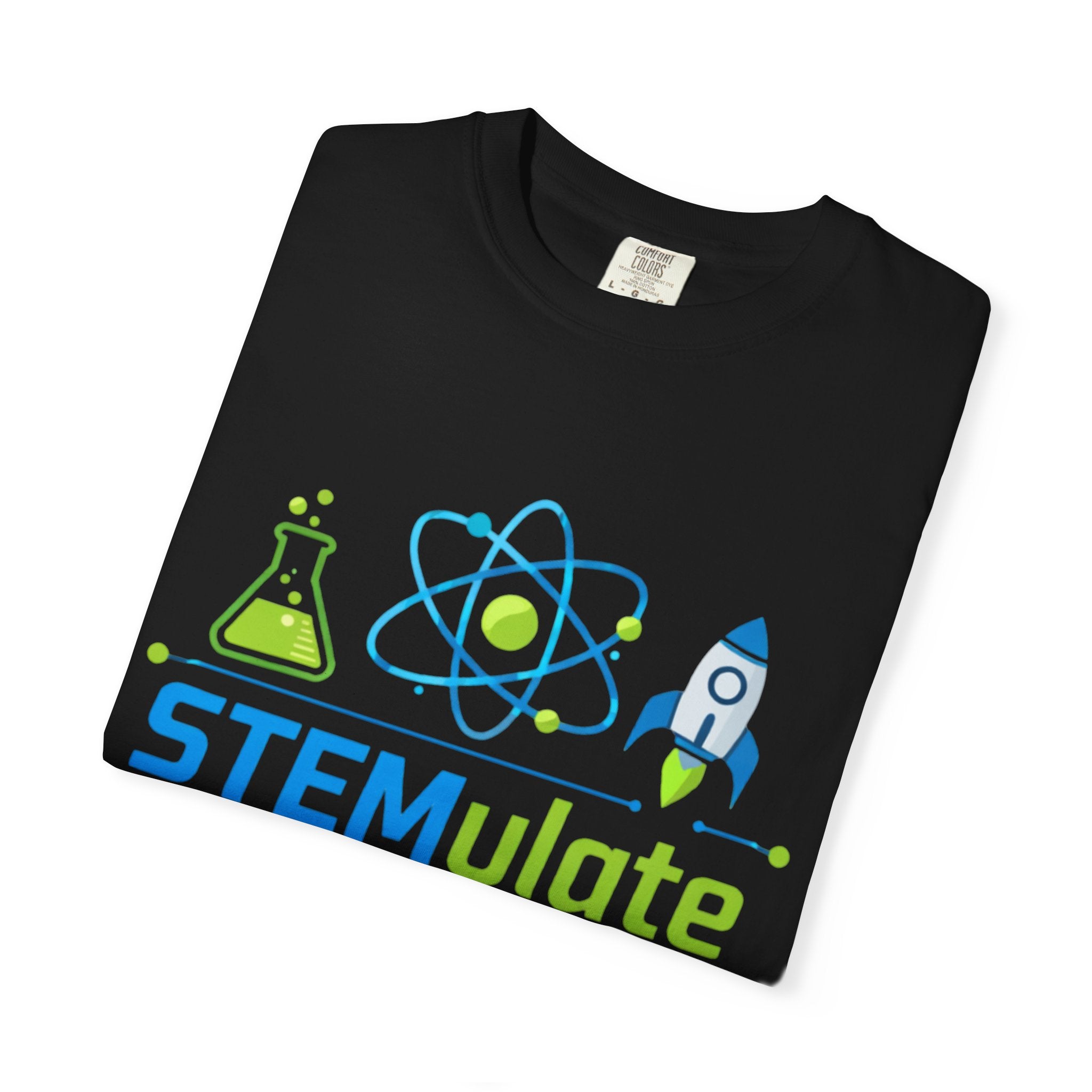 STEMulate Your Mind T-shirt | Science Rocket Atom Chemistry Design