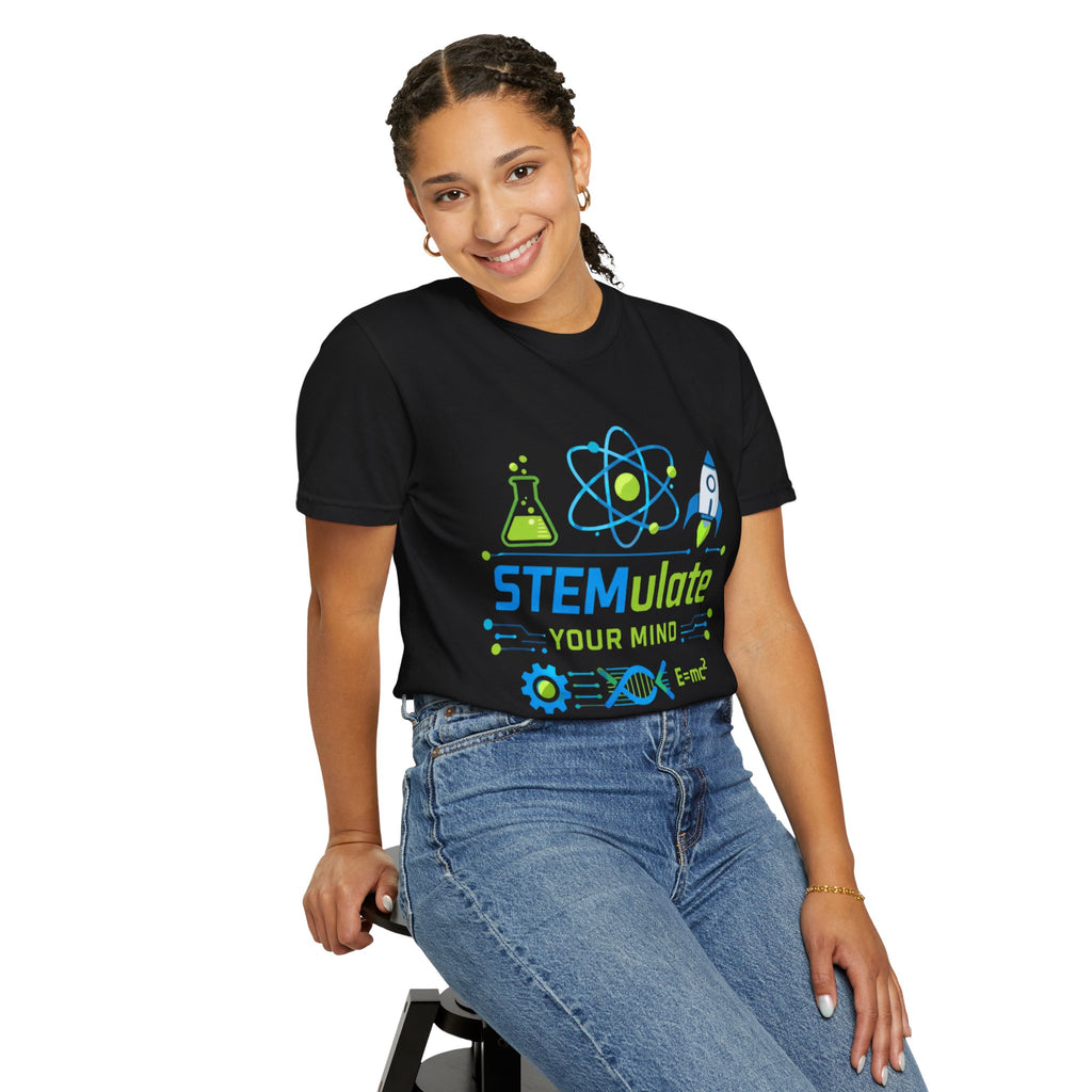 STEMulate Your Mind T-shirt | Science Rocket Atom Chemistry Design