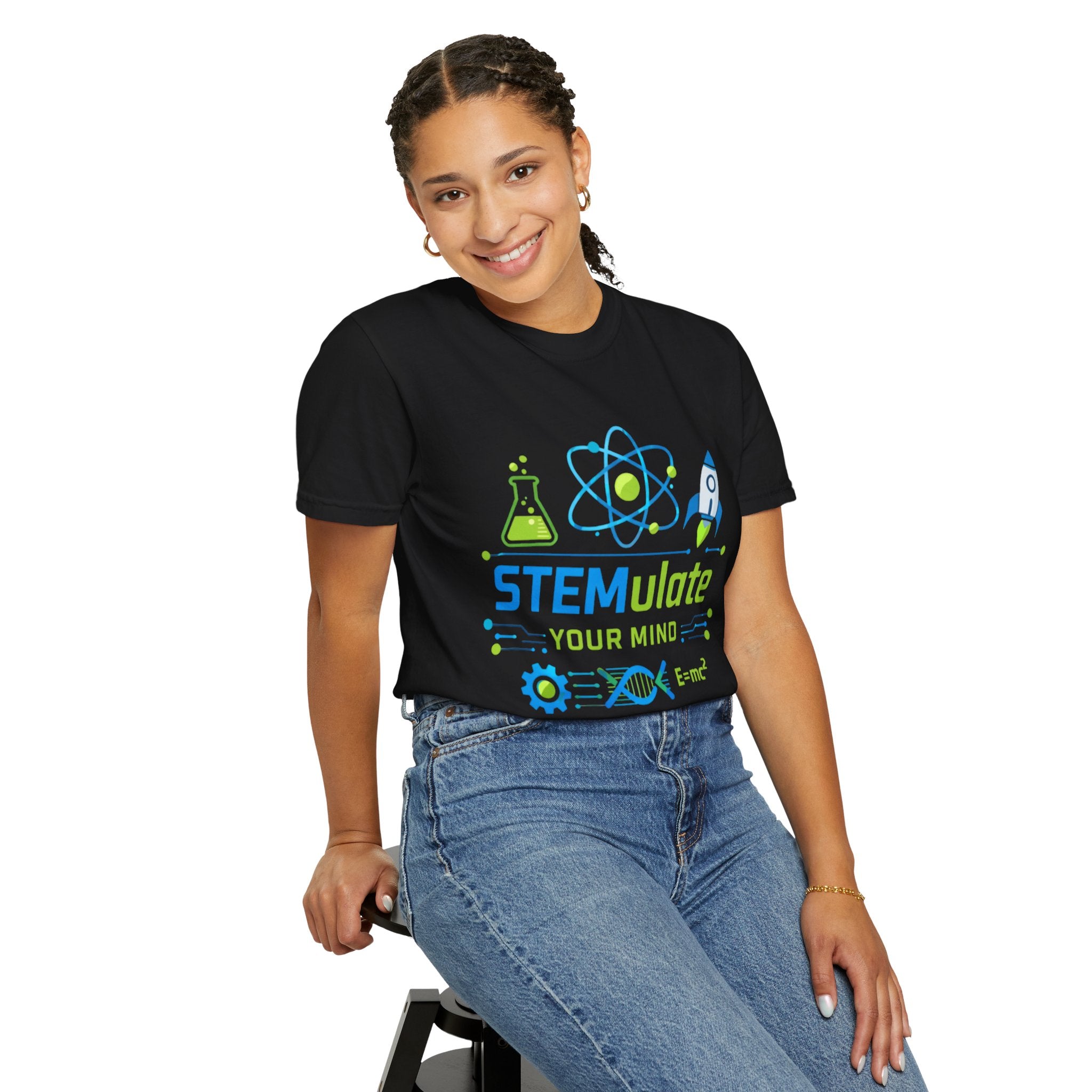 STEMulate Your Mind T-shirt | Science Rocket Atom Chemistry Design