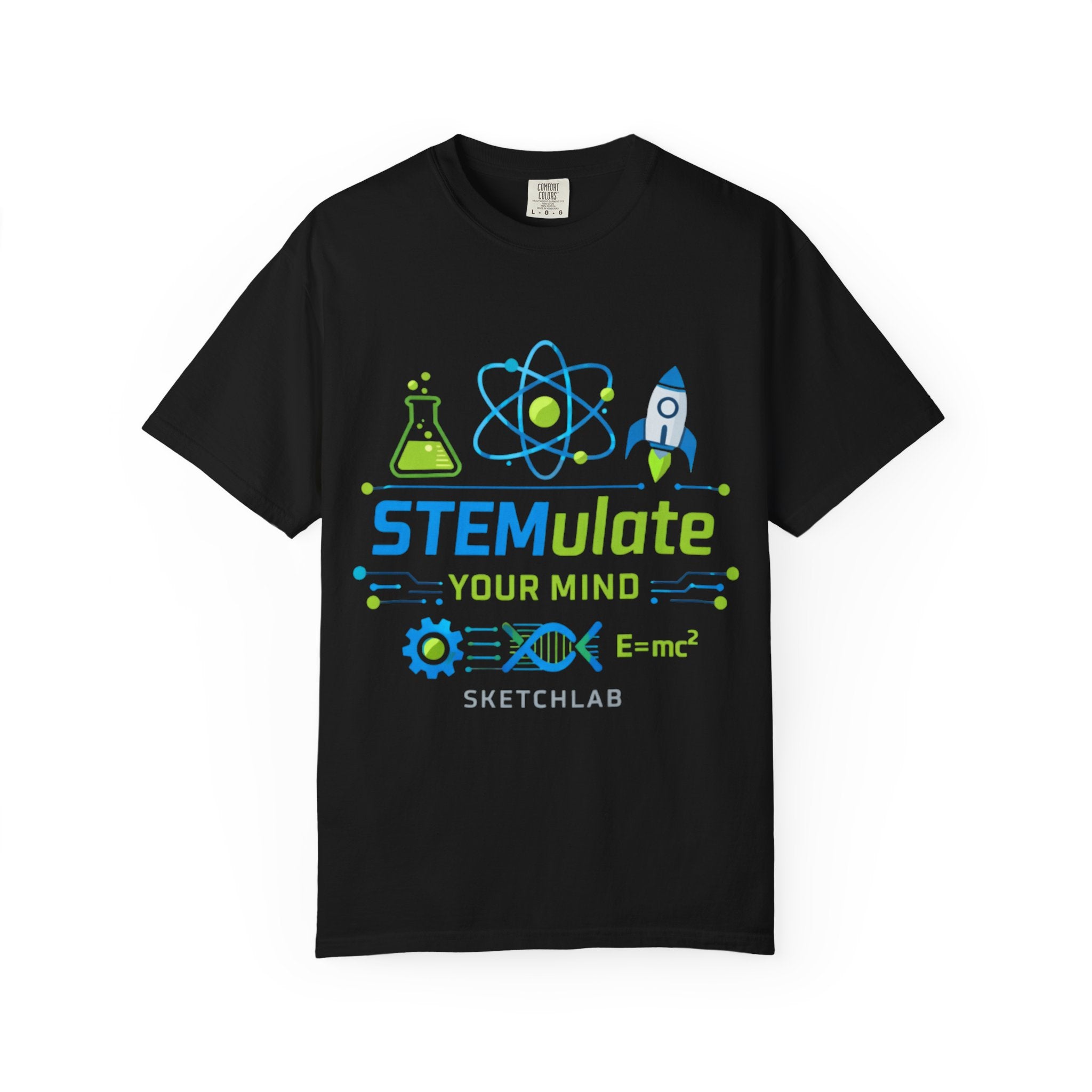 STEMulate Your Mind T-shirt | Science Rocket Atom Chemistry Design