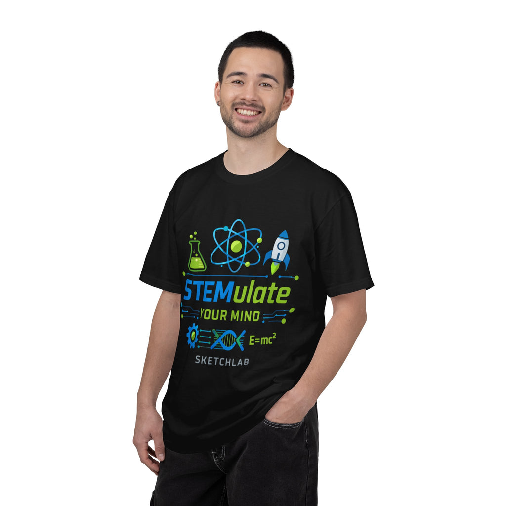 STEMulate Your Mind T-shirt | Science Rocket Atom Chemistry Design