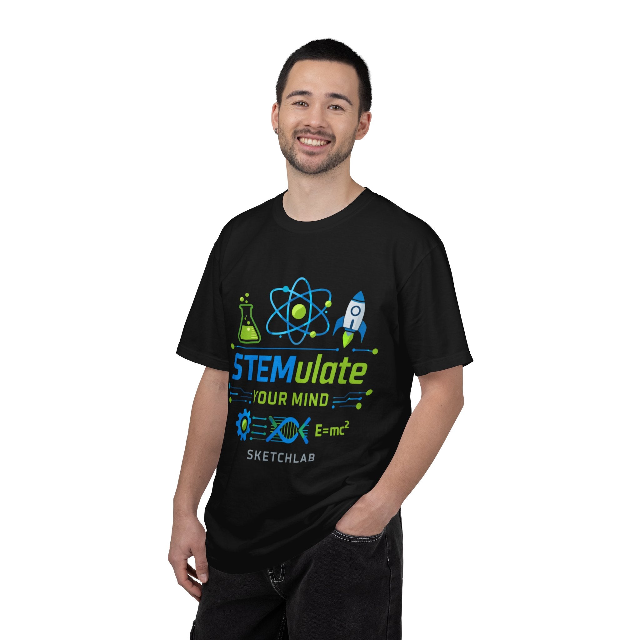 STEMulate Your Mind T-shirt | Science Rocket Atom Chemistry Design