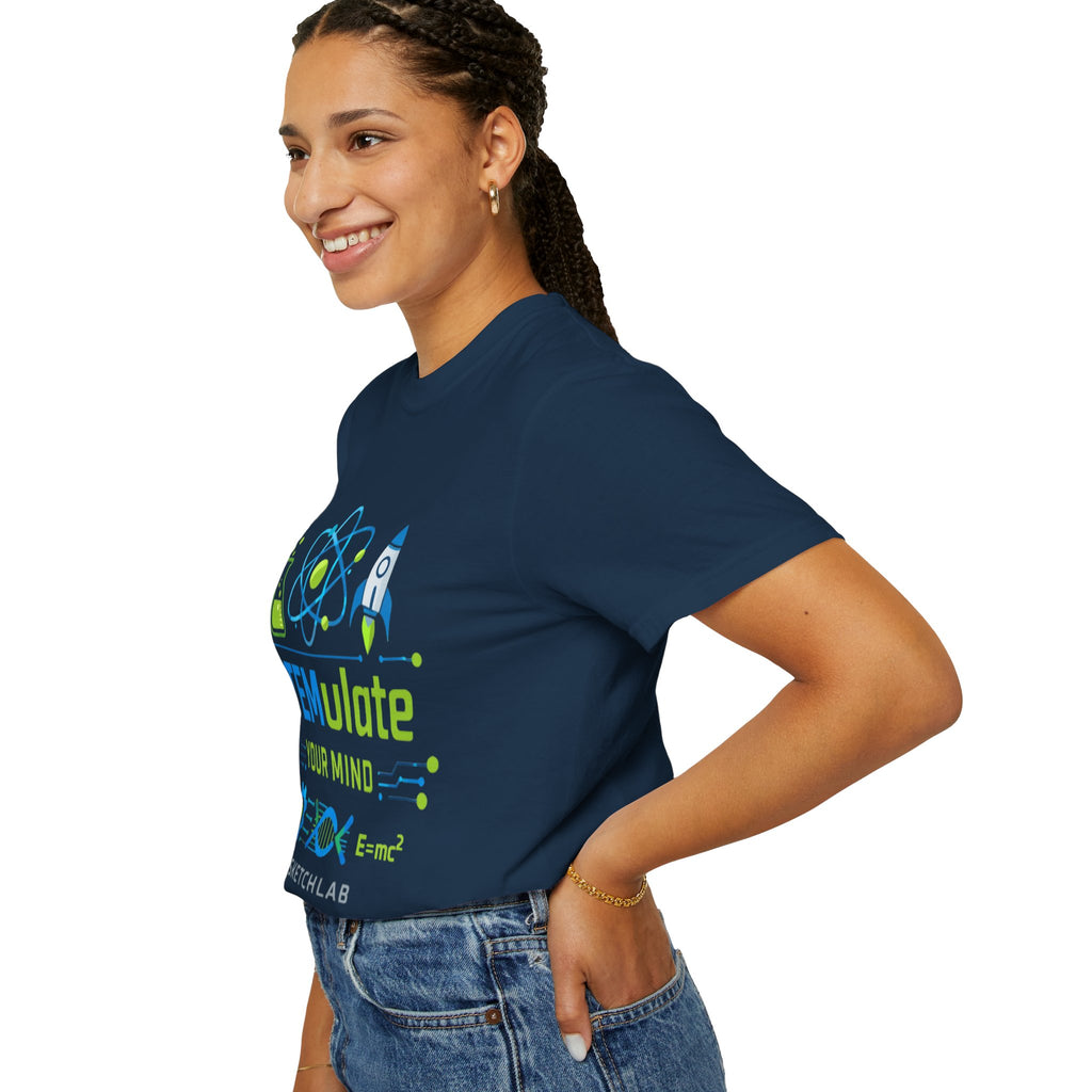 STEMulate Your Mind T-shirt | Science Rocket Atom Chemistry Design