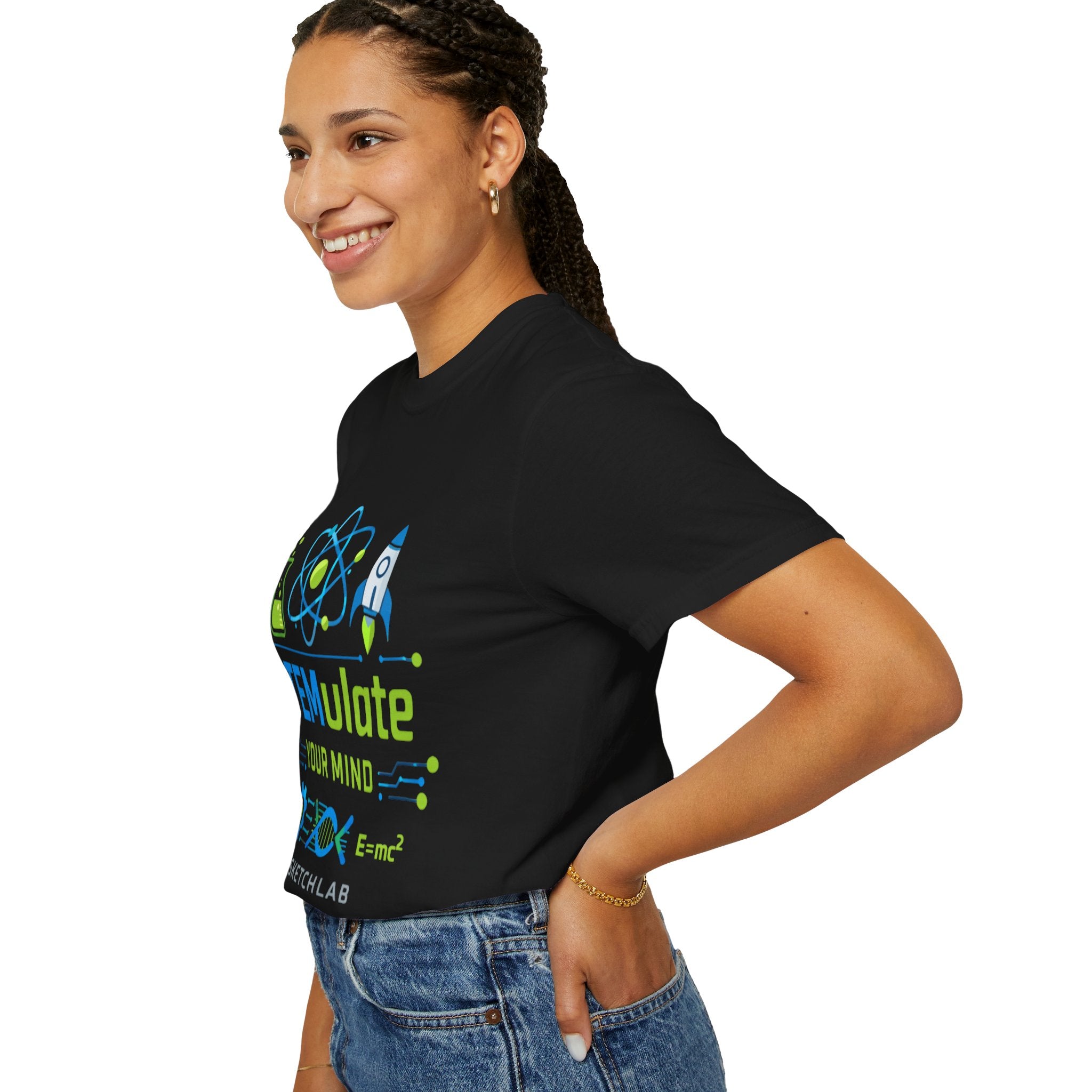 STEMulate Your Mind T-shirt | Science Rocket Atom Chemistry Design