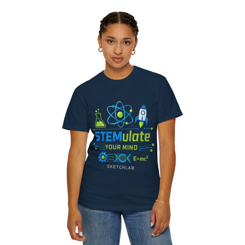 STEMulate Your Mind T-shirt | Science Rocket Atom Chemistry Design