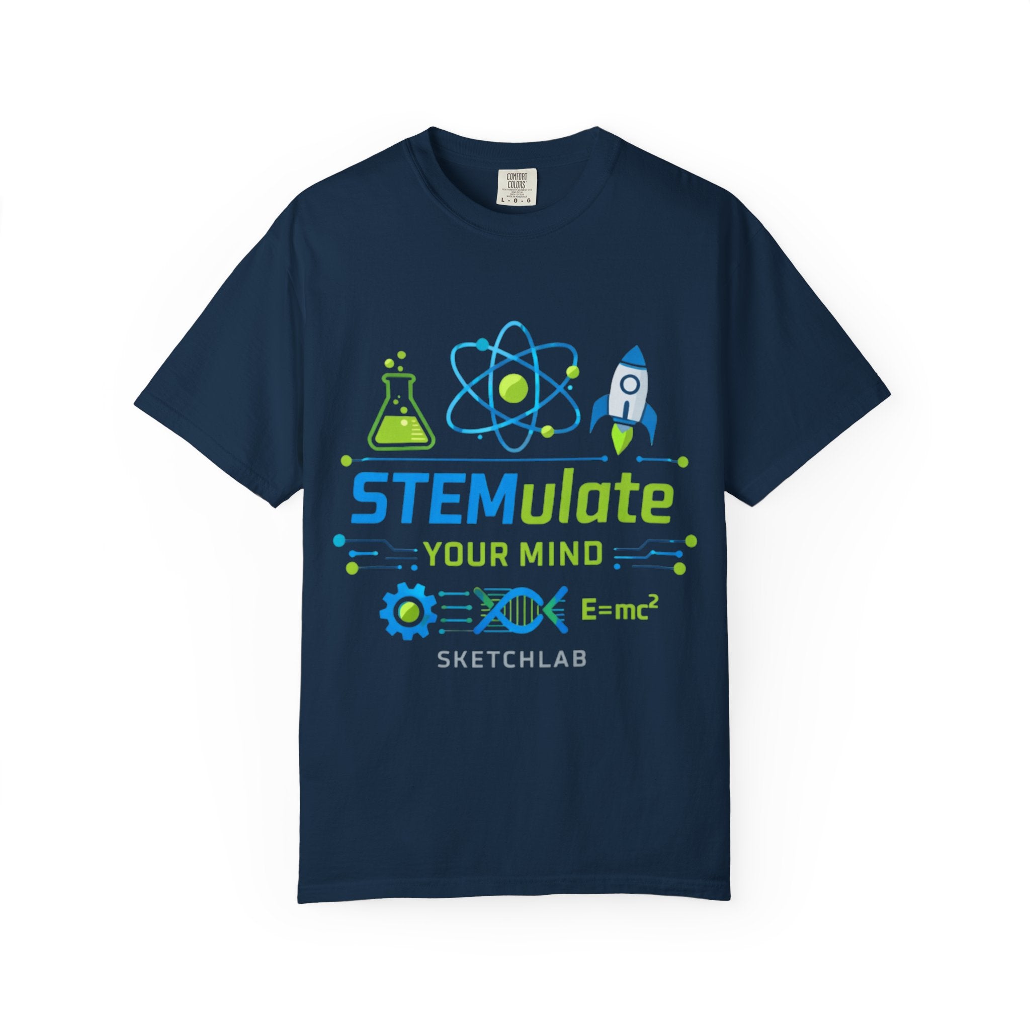 STEMulate Your Mind T-shirt | Science Rocket Atom Chemistry Design