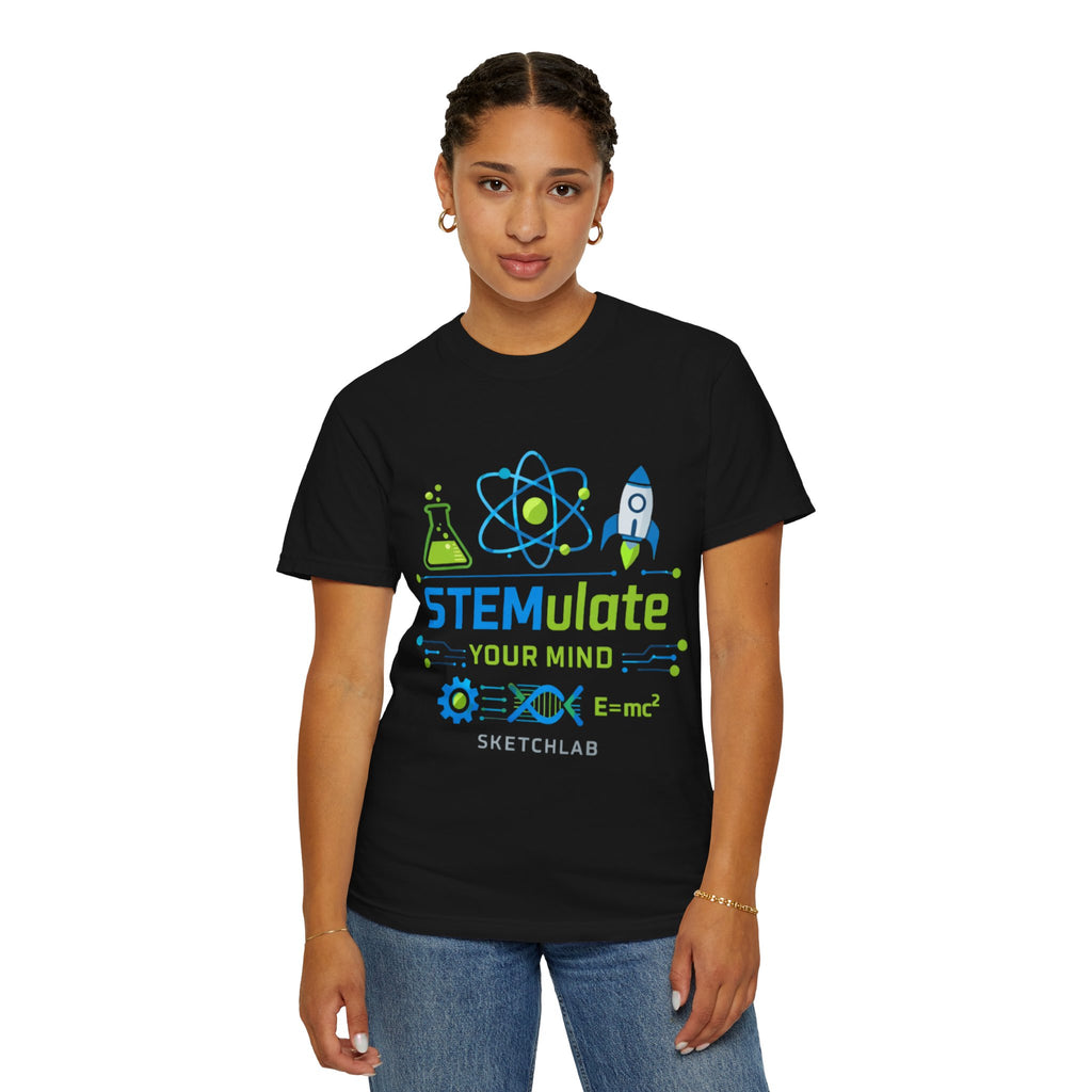 STEMulate Your Mind T-shirt | Science Rocket Atom Chemistry Design