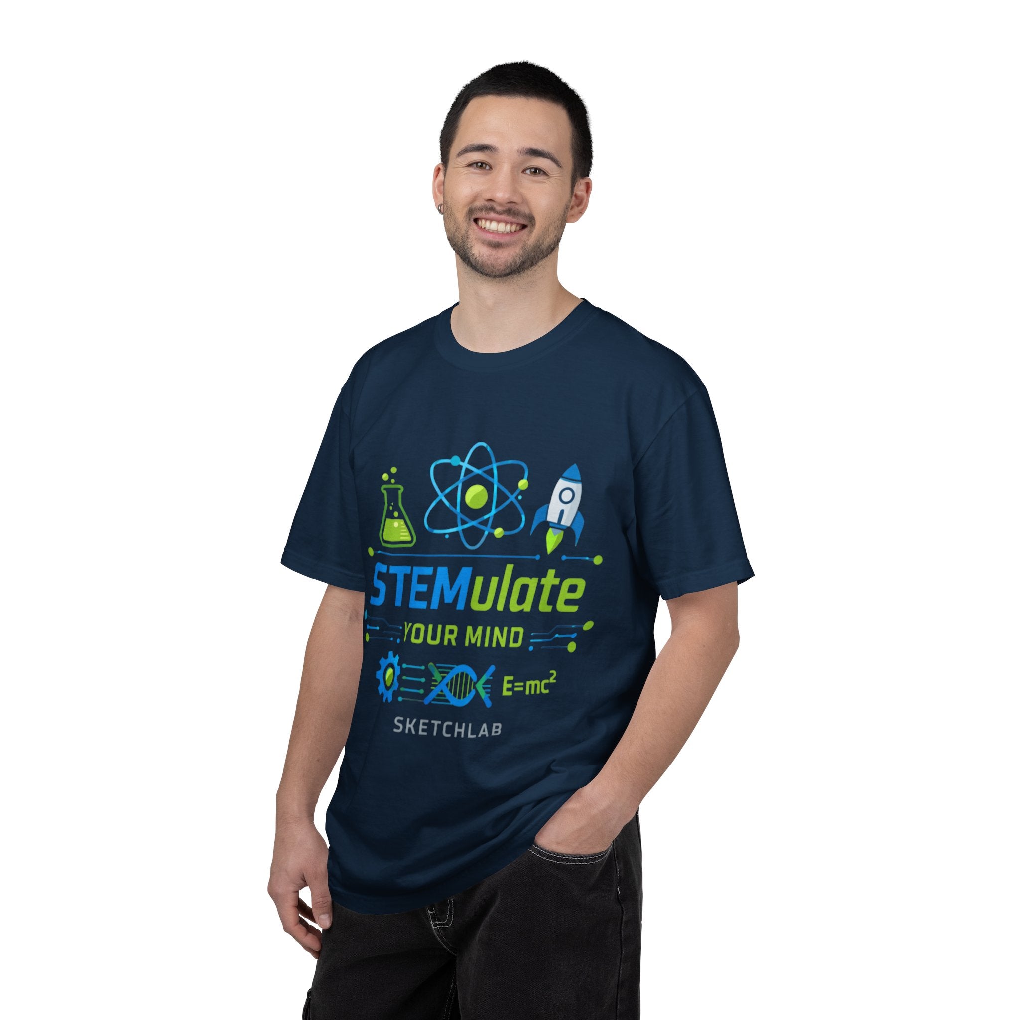 STEMulate Your Mind T-shirt | Science Rocket Atom Chemistry Design